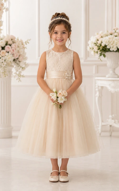 Champagne Tea-Length A-Line Lace Flower Girl Dress with Bow Sash