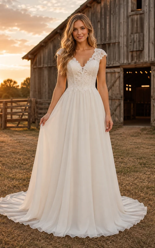 Rustic V-Neck Lace Bodice Chiffon A-Line Wedding Dress