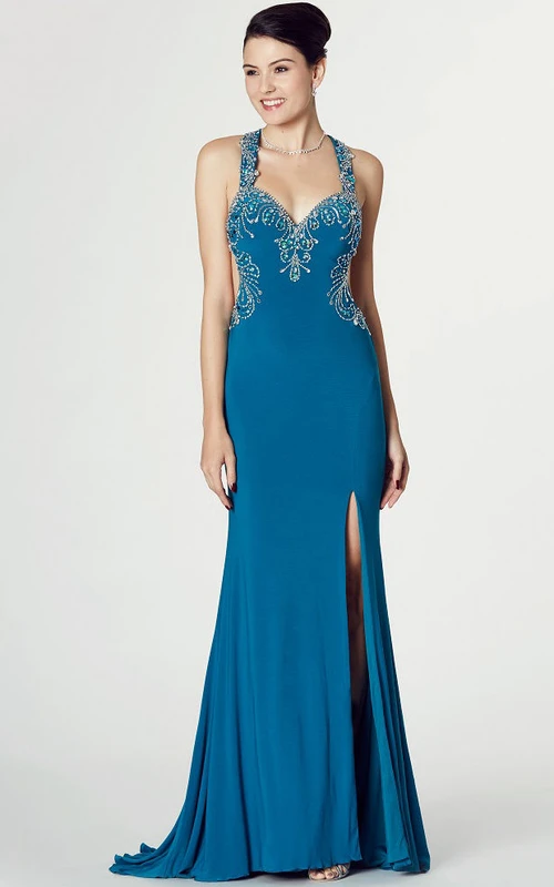 Neckholder-ärmelloses, perlenbesetztes Chiffon-Abendkleid