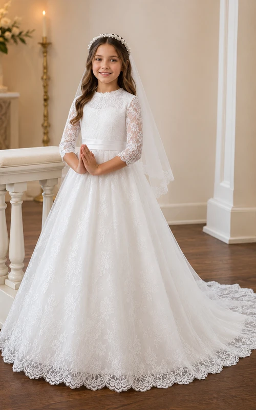 Vestido de iglesia para niña de las flores con mangas largas de encaje y cola de capilla.