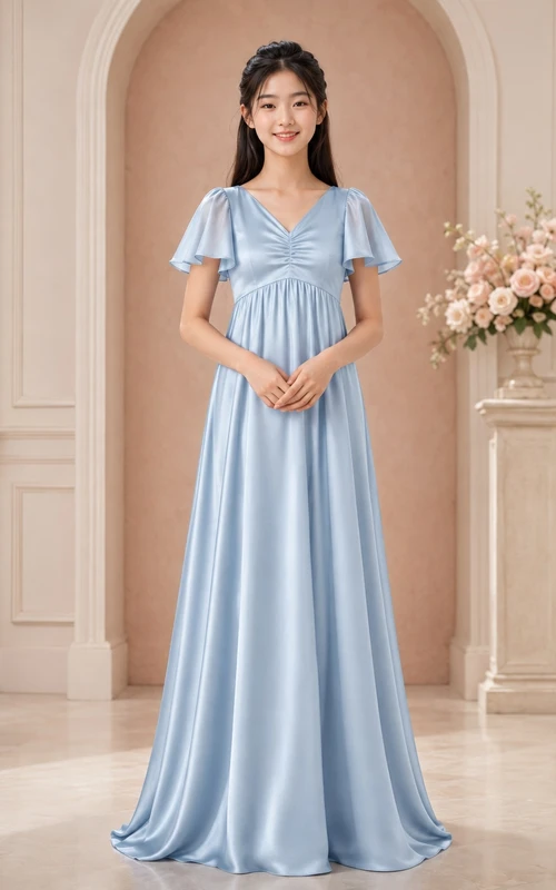 Vestido de dama de honor juvenil azul cielo, corte en A, largo hasta el suelo, escote en V, manga corta, detalle de volantes, estilo romántico.