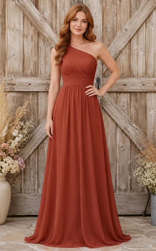 Terracotta Chiffon A-Line One-Shoulder Sleeveless Pleated Zip Back Floor-Length Bridesmaid Dress