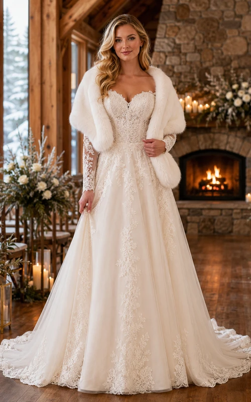 Robe de mariée trapèze en dentelle et dentelle, ornée d'un châle en fourrure d'hiver et d'une traîne.