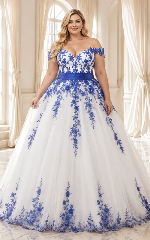 Romantisches Brautkleid aus Tüll in Königsblau mit Blumenmuster, A-Linie, schulterfrei, kurzen Ärmeln und in Übergröße