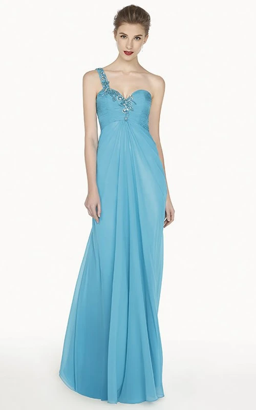 Langes Chiffon-Abendkleid in A-Linie mit einem einzelnen Kristallträger und Schlüssellochausschnitt an der Taille.