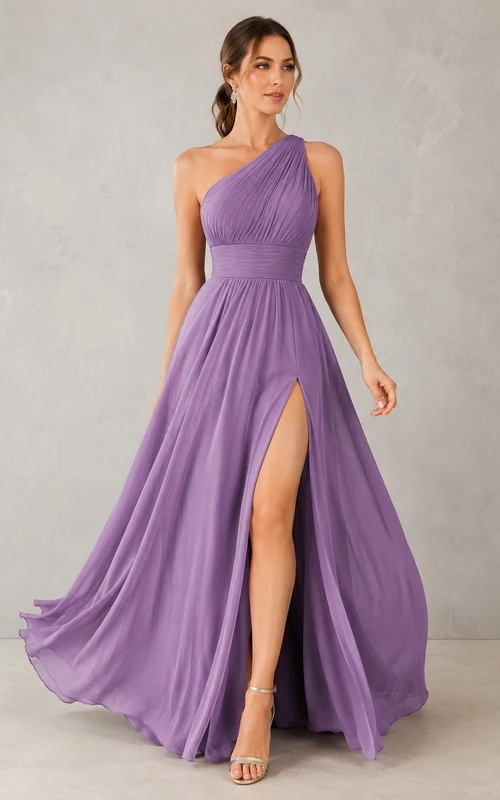 Purple Chiffon A-Line One-Shoulder Floor-Length Split Formal Prom Dress