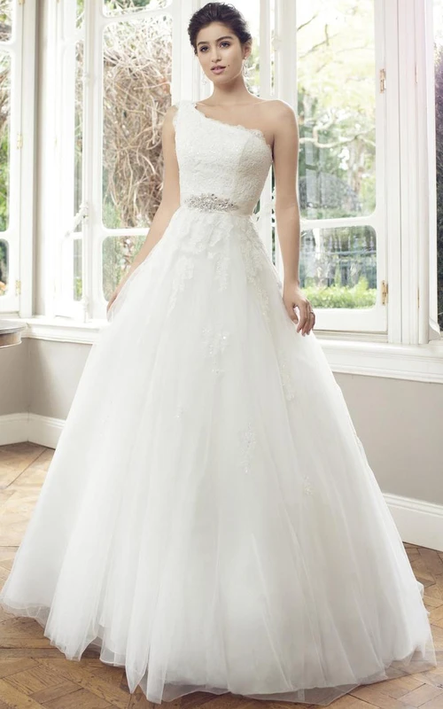 Ball Gown One-Shoulder Sleeveless Jeweled Floor-Length Tulle Wedding Dress With Appliques And Corset Back