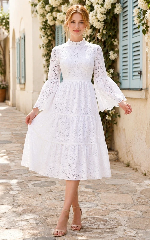 Bohemian White High Neck Long Sleeve Tea-length Chiffon Tiered Dress