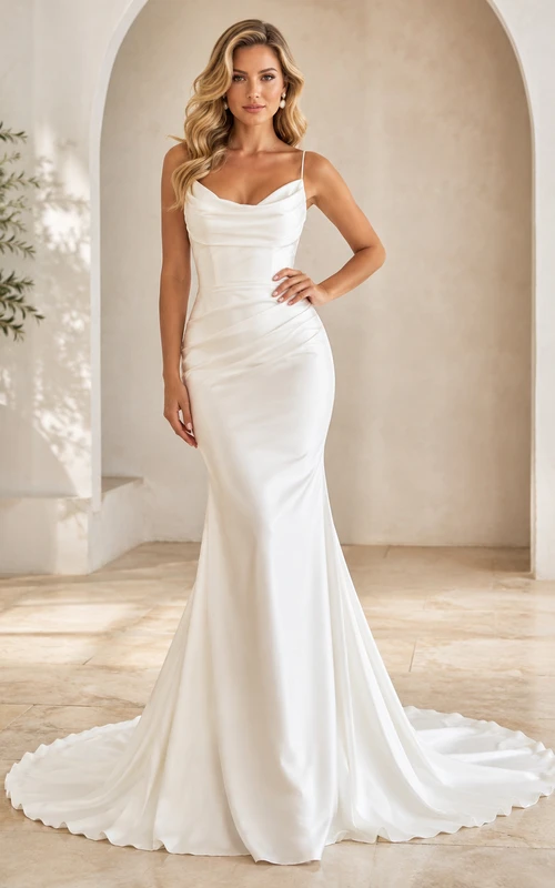 Robe de mariée sirène en satin à dos nu et bretelles spaghetti froncées, longue jusqu'au sol, avec traîne cathédrale et col bénitier