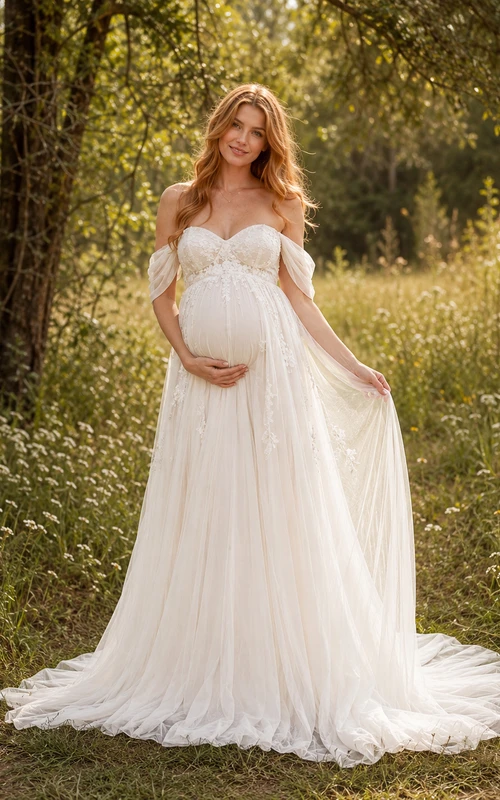 Maternity Off Shoulder Sweetheart Empire Tulle A-Line Wedding Dress
