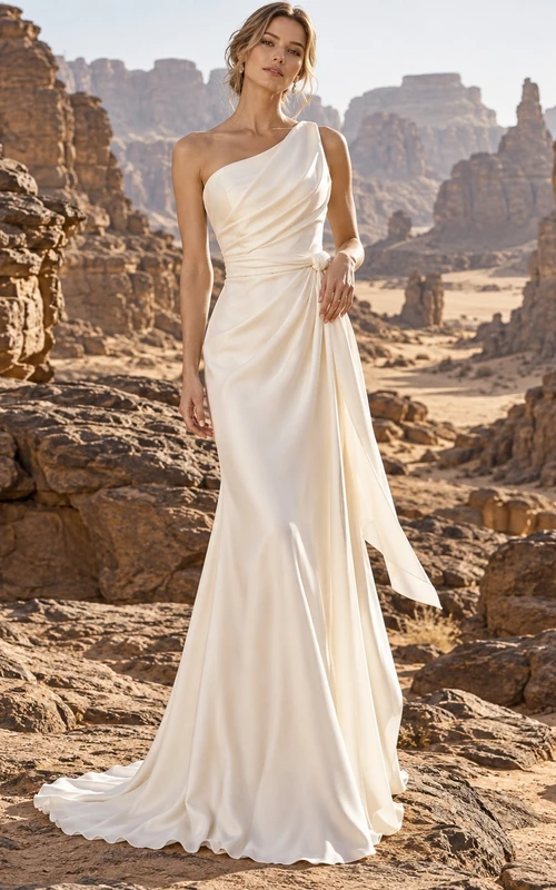 Vestido de novia sencillo de satén con un solo hombro, corpiño drapeado, fajín anudado y cola.
