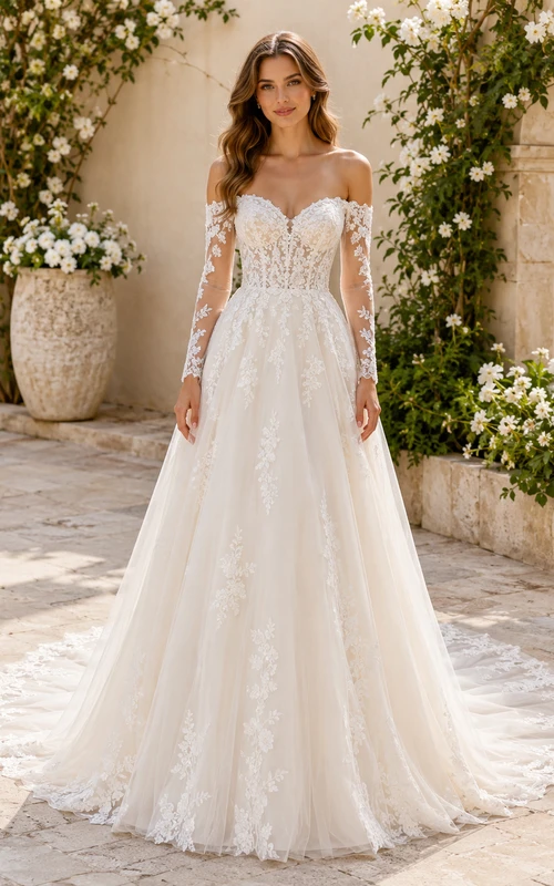 Robe de mariée romantique en dentelle, épaules dénudées, manches longues, coupe trapèze, bustier illusion chapelle