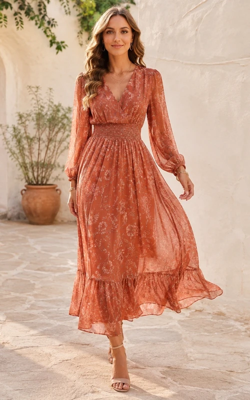 Orange Floral V-Neck Long Sleeve Chiffon Tea-Length Bohemian Dress