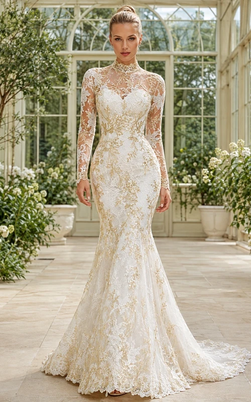 Brautkleid im Meerjungfrauen-/Trompetenstil mit vergoldetem Illusionsmotiv, hohem Kragen, langen Ärmeln, bodenlangem Schleier und luxuriöser Optik