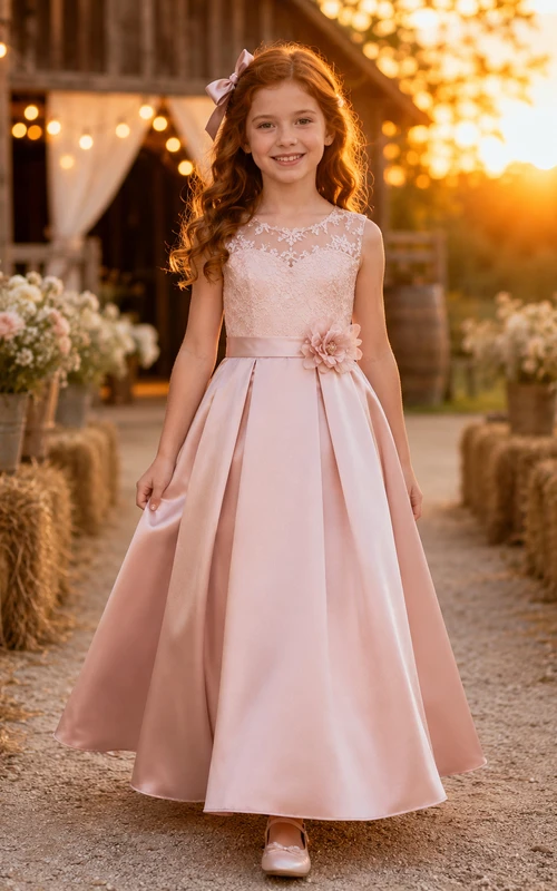 Flower Girl Dress Blush Satin A-Line Short Sleeve Jewel Neck Tea Length Bow Detail
