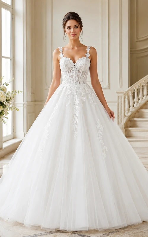Vestido de novia de gala sin mangas con tirantes y escote corazón de encaje