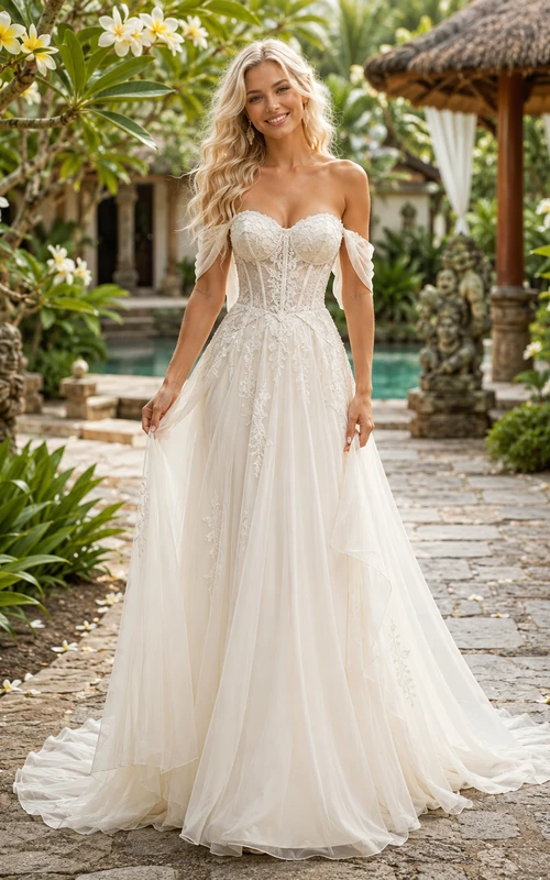 Robe de mariée romantique à épaules dénudées, décolleté cœur, dentelle et tulle, coupe trapèze, corset et traîne chapelle