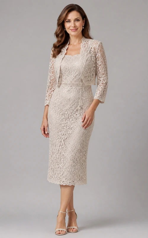 Classic Modest Older Brides Lace Sheath Knee-length Scoop Three-Quarter Sleeve Mother Dress