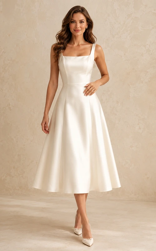 Elegant Ivory Tea-Length Square Neck Satin A-Line Cocktail Dress Courthouse