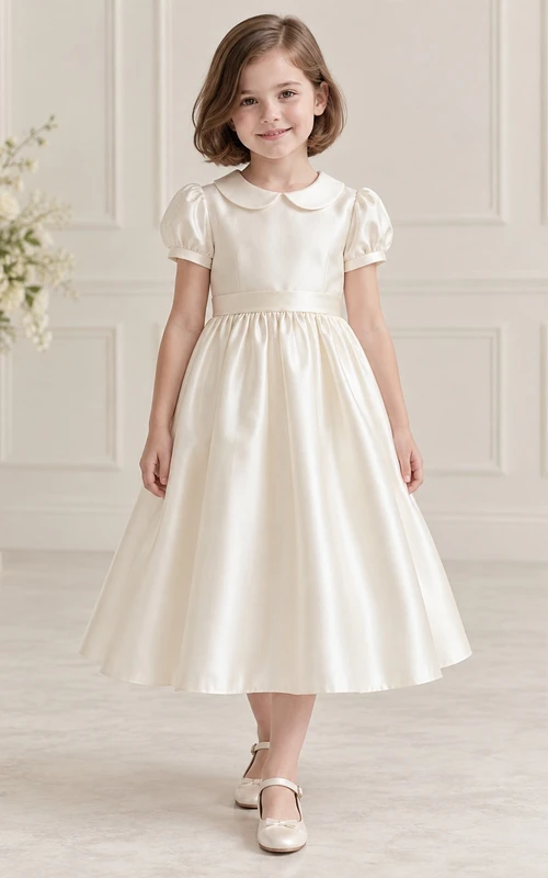 Tea-length Vintage Simple Ivory A-line Satin Collared Puff-sleeve Flower Girl Dress
