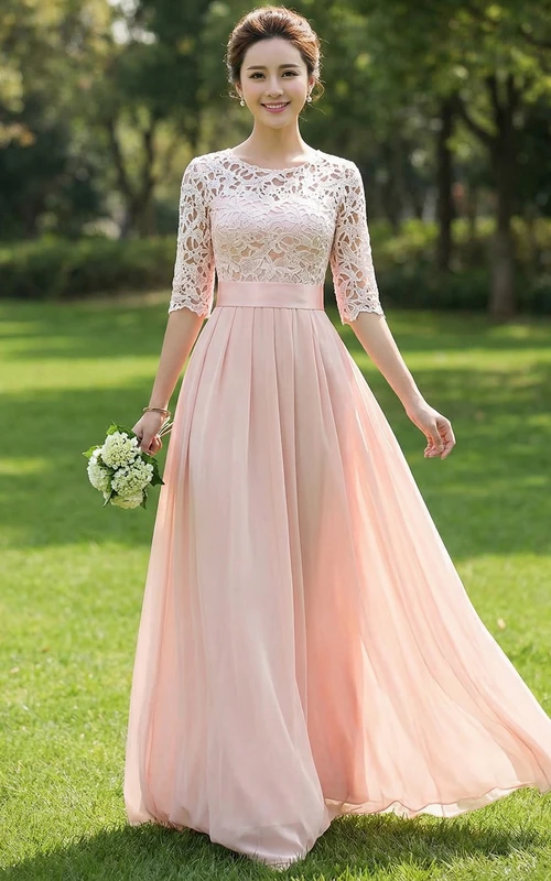 Robe de demoiselle d'honneur en mousseline avec corsage en dentelle et ceinture