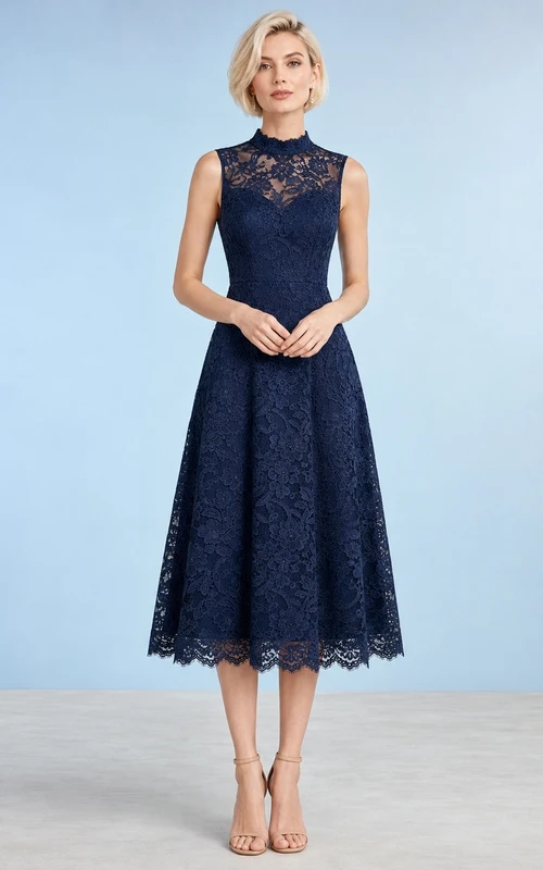 Robe de soirée sobre en dentelle bleu marine, coupe trapèze, longueur thé, col montant, sans manches