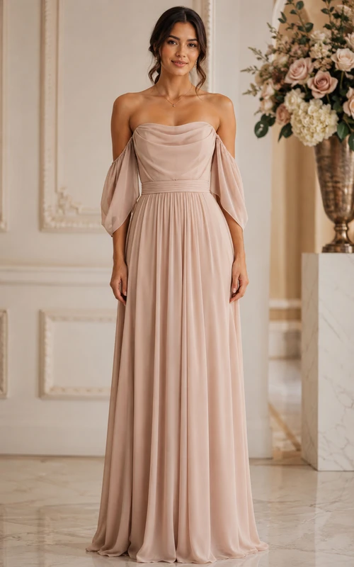 Robe de demoiselle d'honneur en mousseline rose poudré, épaules dénudées, coupe trapèze