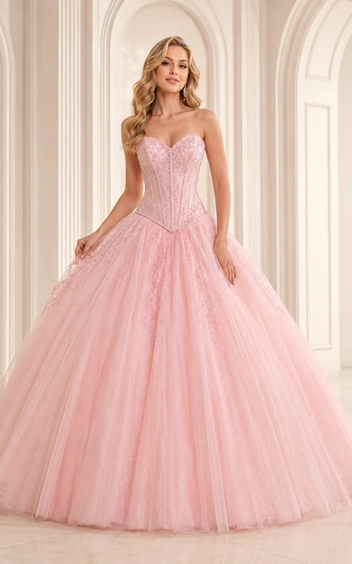 Blushing Pink Luxury Strapless Sweetheart Drop Waist Glitter Sweet Sixteen Princess Ball Gown