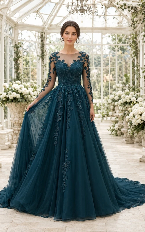Langärmeliges, dunkelgrünes Brautkleid aus Illusionsspitze und Tüll in A-Linie mit Kapellenschleppe