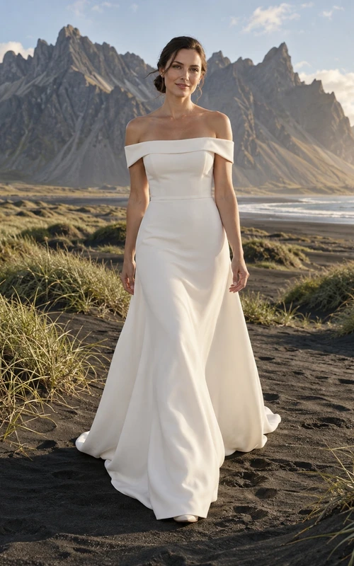 Sencillo vestido de novia de crepé con escote de hombros descubiertos, corte recto, escote plisado y bajo ligeramente acampanado.