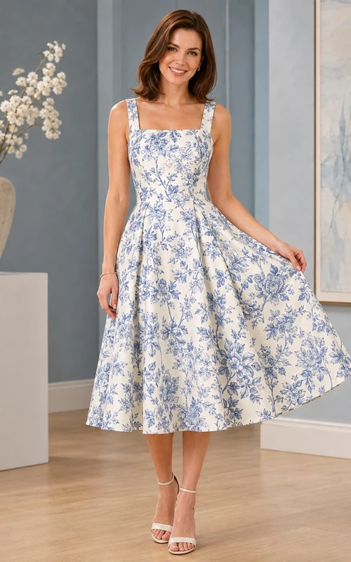 White Casual Romantic Square Sleeveless Chiffon Floral A-Line Tea-Length Formal Dress