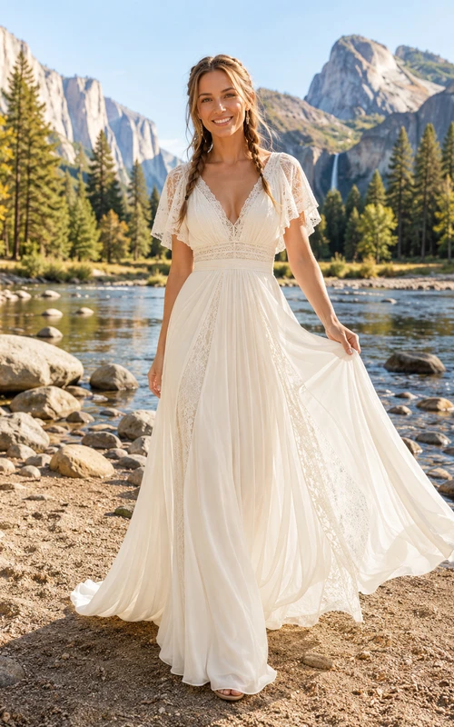 Robe de mariée Riverside en mousseline de soie à manches pétales, col en V, coupe trapèze, traîne, en dentelle.