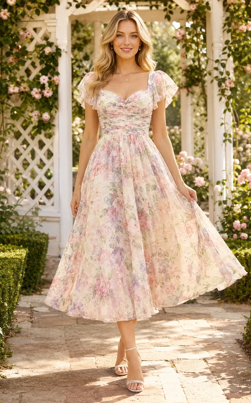 Pastel Floral Sweetheart Puff Sleeve Garden Midi Dress
