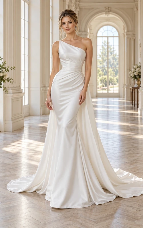 One Shoulder Ruched Satin Narrow Mermaid Flowing Train Bridal Reception Gown