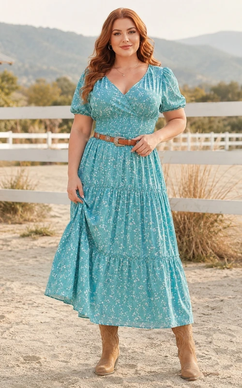 Vestido largo turquesa de talla grande con escote en V y mangas abullonadas, estilo western.