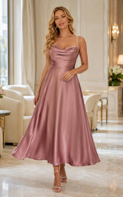 Vestido de satén rosa empolvado con tirantes finos de cristal