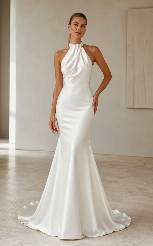 Robe de mariée fourreau sexy en satin, dos nu, décolleté dos nu et traîne