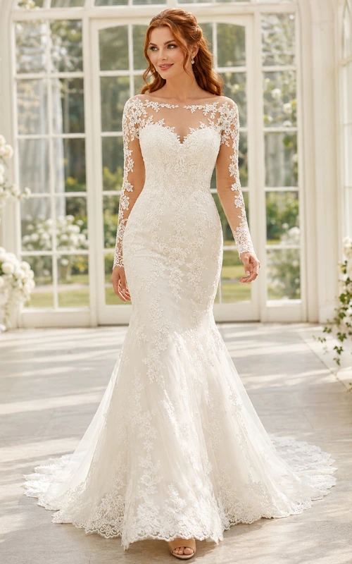 Elegant Lace Brautkleid Mermaid Bateau Sweetheart Illusion Long Sleeves Train