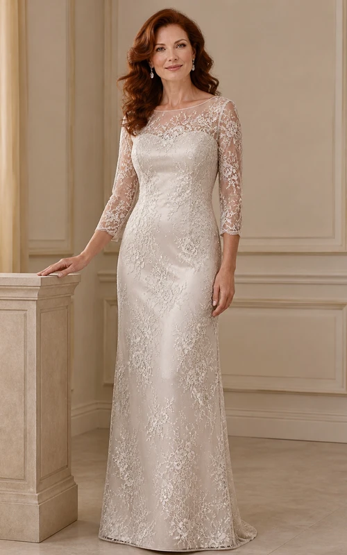 Robe fourreau en dentelle élégante et sobre pour la mère de la mariée, longueur au sol, manches trois-quarts, décolleté bateau.