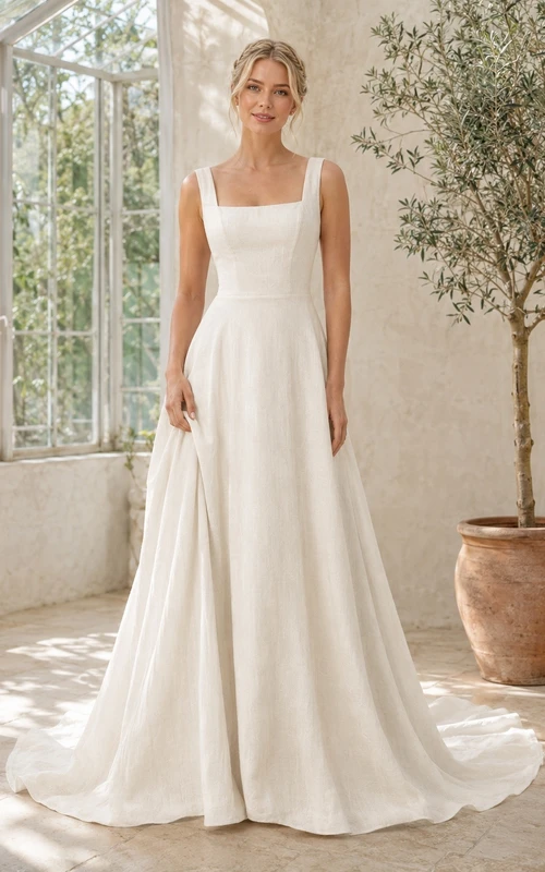 Vestido de novia de corte A con cola para ceremonia nupcial cuadrada