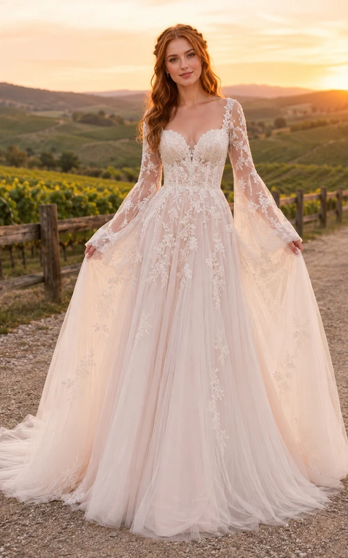V Neck Embroidered Sleeve Sunset Vineyard Bridal Gown