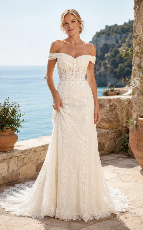 Mediterranean Off Shoulder Cap Lace Mermaid Chapel Train Outdoor Wedding Dress