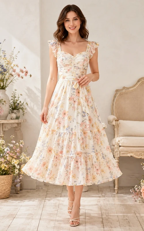 Ivory Floral Chiffon Jewel Neck Short Sleeve A-Line Tea-length Dress
