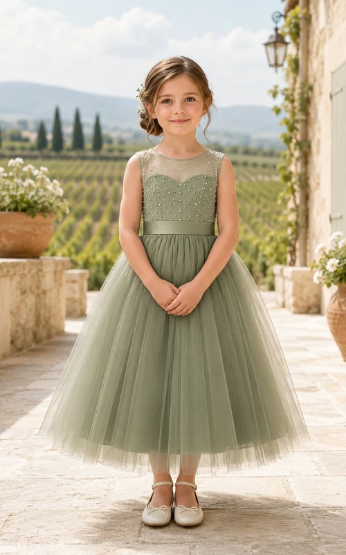 Simple Modern Flower Girl Dress Jewel Neck Sleeveless Sage Tulle Tea Length Satin Waist
