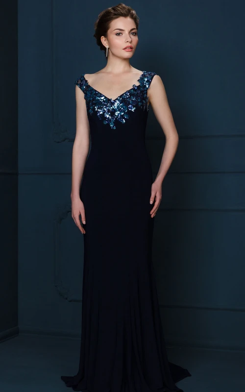 Vestido de noche de gasa sin mangas con escote en V y cristales, largo hasta el suelo