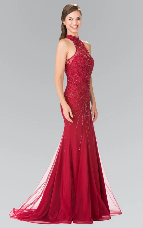 Sheath Floor-Length High Neck Sleeveless Tulle Keyhole Dress With Beading