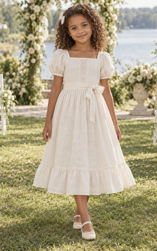 Tea-length Square Neck Country Ivory A-line Pintucked Puff-sleeve Ruffle-hem Flower Girl Dress
