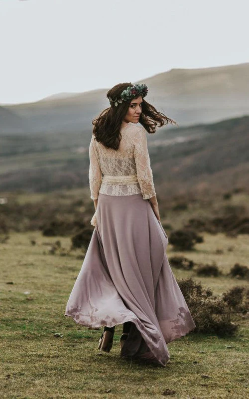 Robe à manches longues en dentelle, jersey et satin