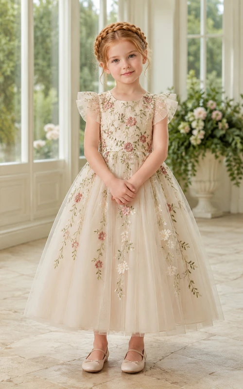 Elfenbeinfarbenes Blumenmädchenkleid mit floraler Rankenstickerei, Blütenblattärmeln, A-Linien-Schnitt aus Tüll, botanischen Applikationen und wadenlangem Rock