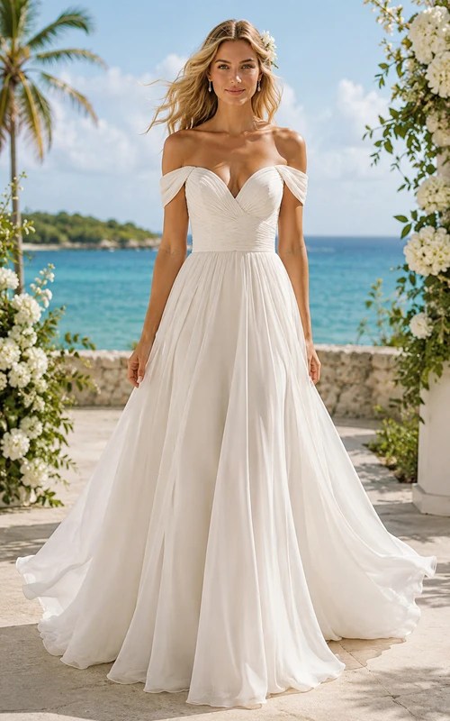 Off Shoulder Simple A-Line Wedding Dress with Soft Chiffon Skirt and Train